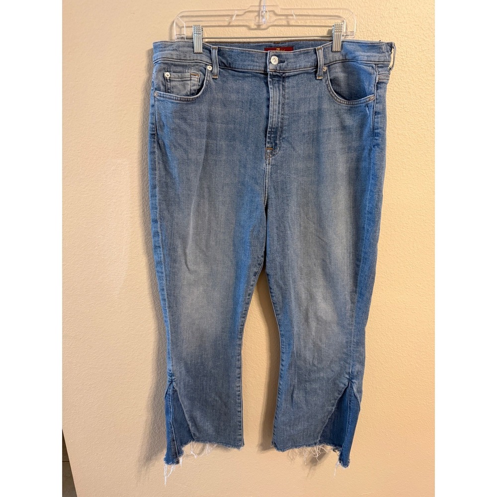 7 For All Mankind High Rise Cropped Flare Jeans Light Wash Distressed Size 33